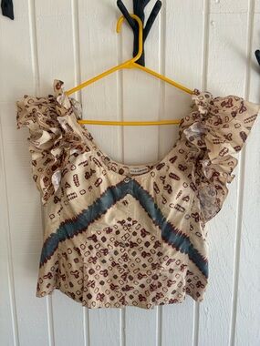 Ulla Johnson Cream Ruffle-Sleeve southwestern boho Printed Crop Top size 12 EUC